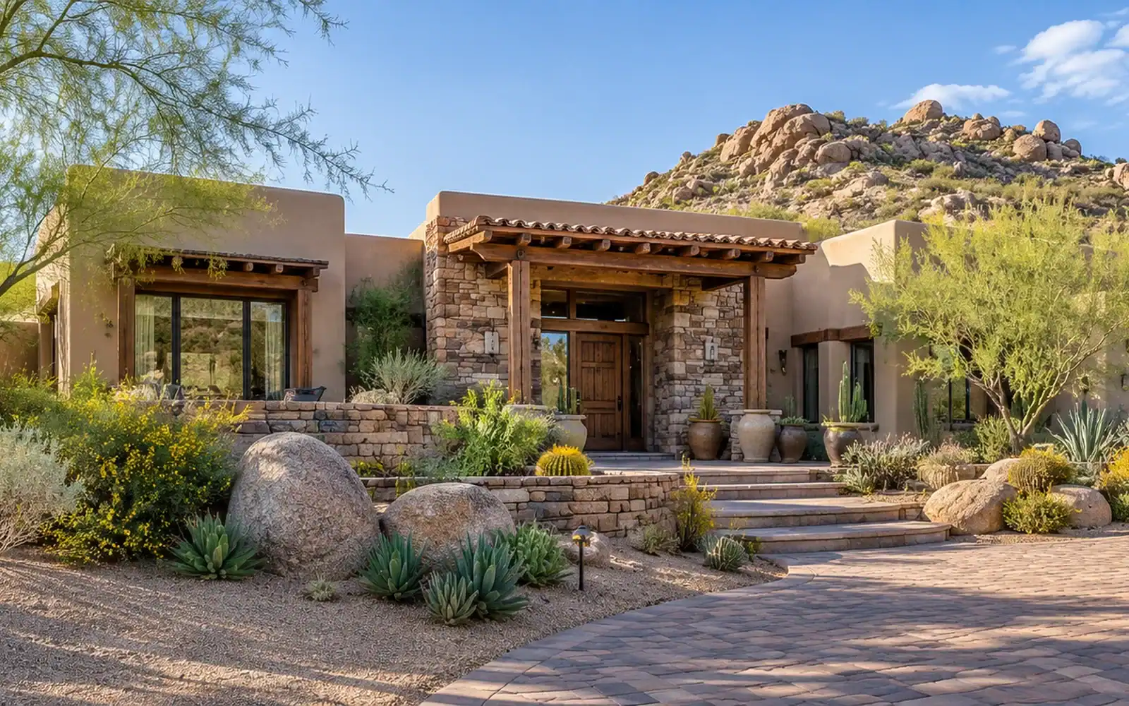 Carefree desert home with a patio, pool and boulder views