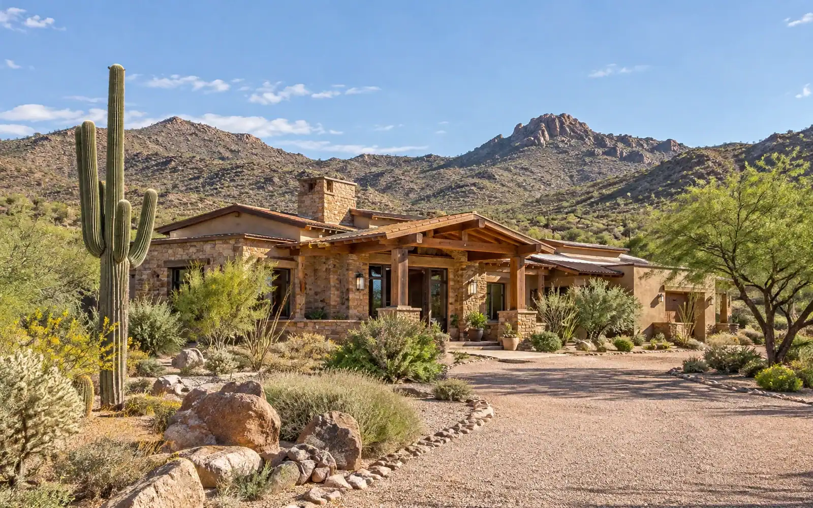 Cave Creek style desert home with saguaros and mountain views