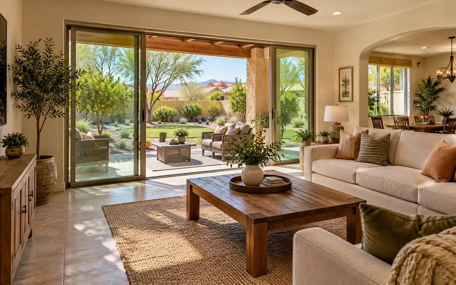 Bright living room in a Mesa home opening to the patio